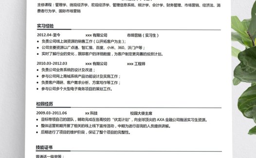 白色系简洁风市场管理中专生简历