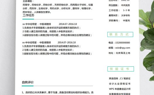 淡绿色药物分析医学生简历模板