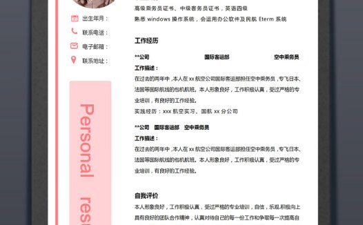 粉色系精美风乘务员应届生简历模板