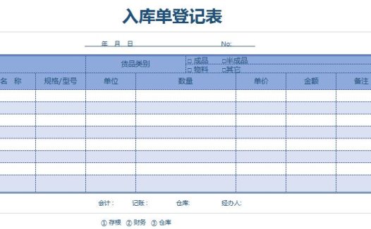 仓库入库单登记表excel模板