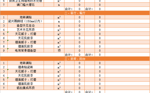 简约橙色基础装修报价表excel模板