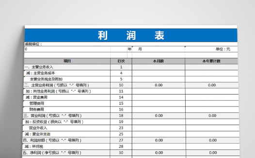 蓝色简单财务利润表模板
