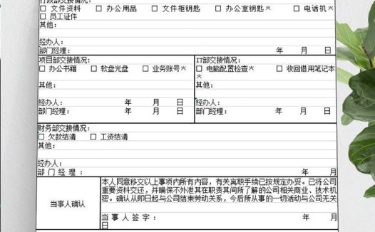 员工离职办公用品交接表