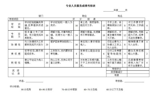 专业人员服务成绩考核表word模板
