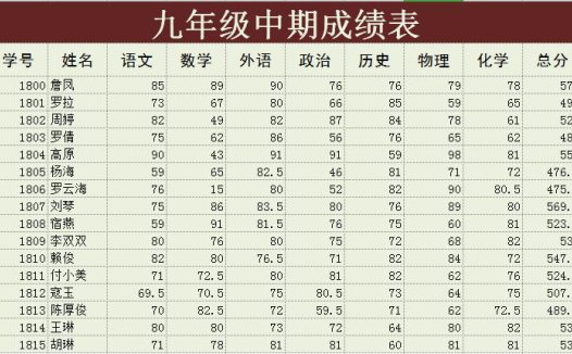 九年级中期学生成绩表
