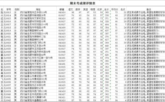 通用简洁版学生期末考成绩详情表