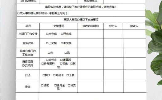 蓝色风格员工离职申请交接表