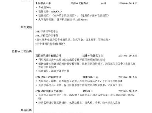 给排水助理工程师简历模板(有荣誉奖励)