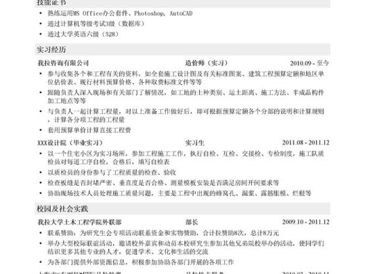 土木造价员简历模板(通用)