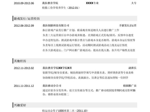 游戏发行专员简历模板（应届生初级岗位）