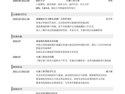 传统能源工程技术岗（适用于石油天然气煤炭矿石等行业）简历模板（应届生初级岗位）