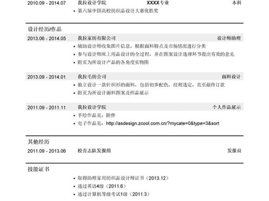 面料设计/纺织品设计岗位简历模板（应届生初级岗位）