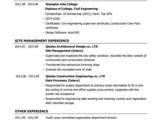 现场管理岗位英文简历模板（应届生初级岗位）