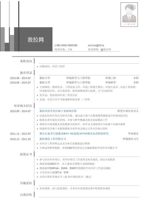 环境影响评价工程师/环评工程师简历模板（有自我评价）