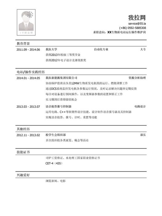 生物质电站运行操作维护岗简历模板(应届生初级岗位)