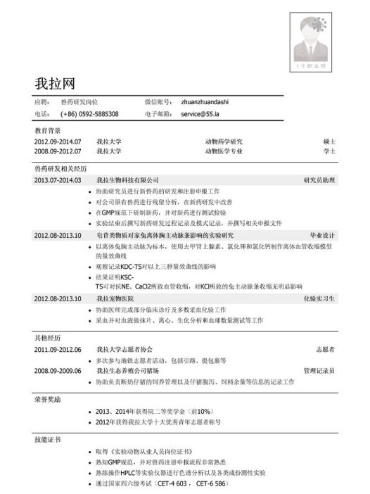 兽药研发岗位简历模板