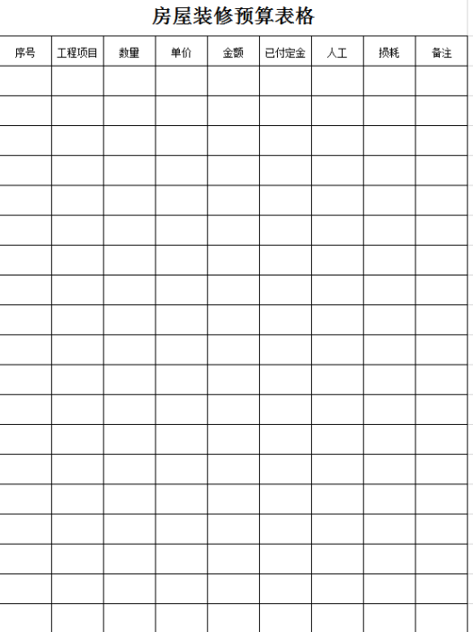 房屋装修预算表格excel模板
