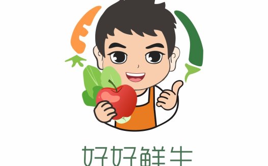 健康食品logo设计:可爱卡通形象与新鲜蔬菜水果结合