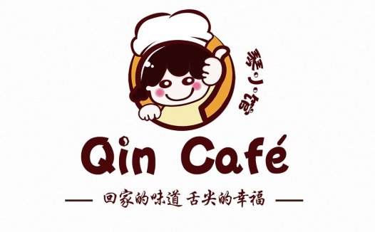 Qin Cafe Logo设计:可爱卡通形象与简洁文字的完美结合