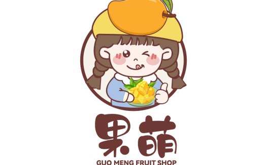 可爱水果店logo设计:萌趣女孩与芒果