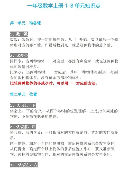 【人教一年级】数学上册必背笔记