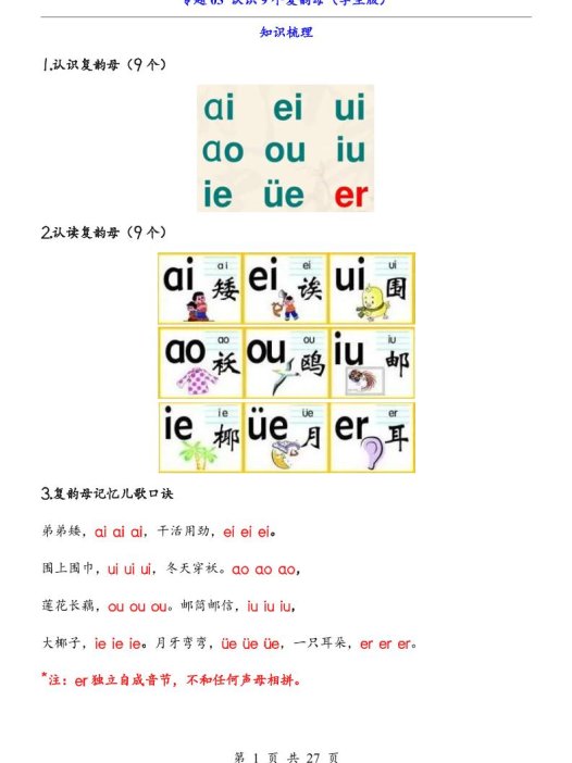 一上语文-专题03认识9个复韵母（知识+训练）