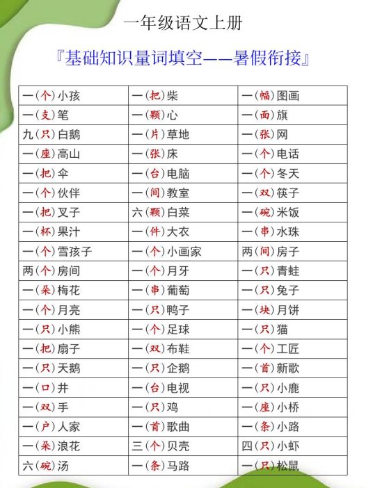 一年级语文上册基础知识量词填空暑假衔接