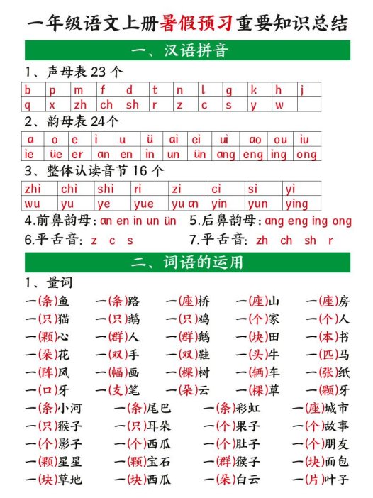 一年级语文上册暑假预习重要知识总结