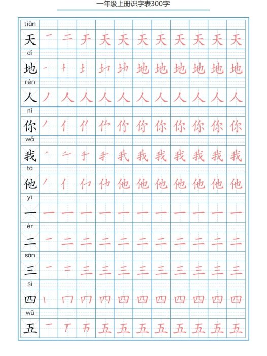 一年级语文上册识字表字帖（300字29页）PDF（部编版）
