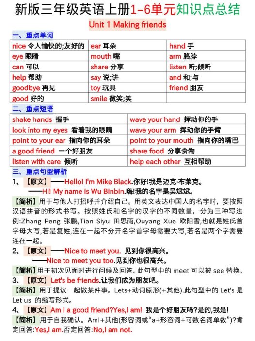 新版三年级英语上册1-6单元知识点总结