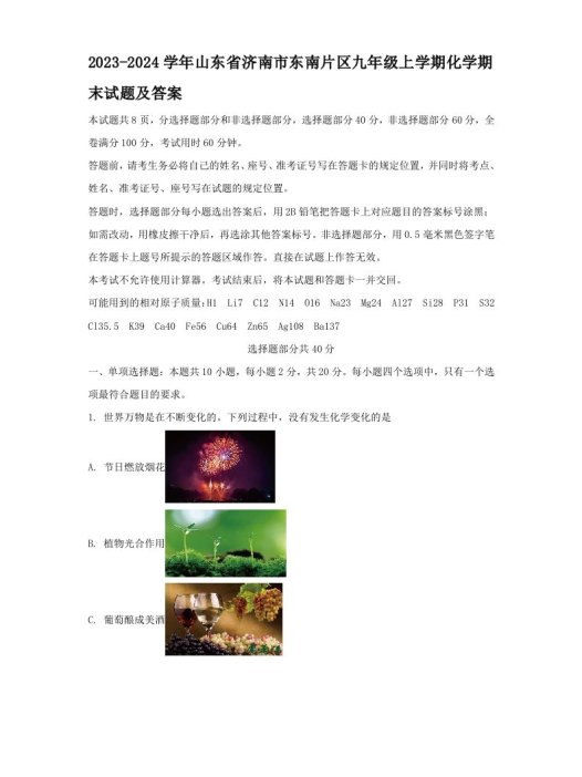 2023-2024学年山东省济南市东南片区九年级上学期化学期末试题及答案(Word版)