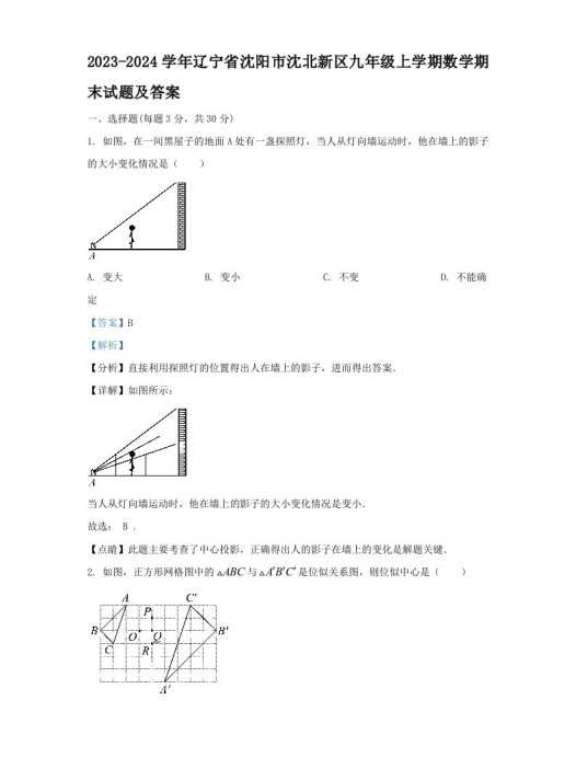 2023-2024学年辽宁省沈阳市沈北新区九年级上学期数学期末试题及答案(Word版)