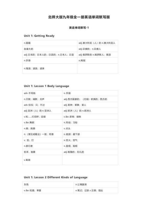 北师大版九年级上册英语单词默写表