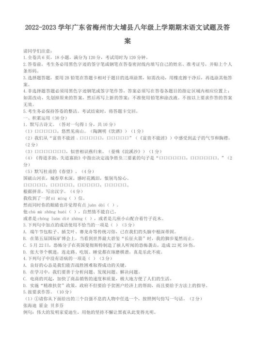 2022-2023学年广东省梅州市大埔县八年级上学期期末语文试题及答案(Word版)