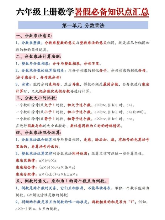 六年级上册数学暑假必备知识点汇总9页