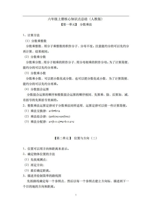 六年级数学上册素材-核心知识点总结人教新课标（人教版）