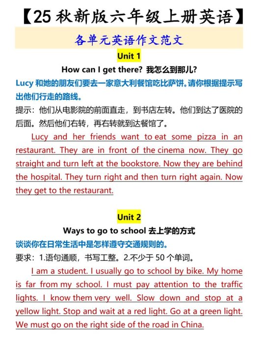 【2025秋新版】【六年级上册英语】各单元英语作文范文