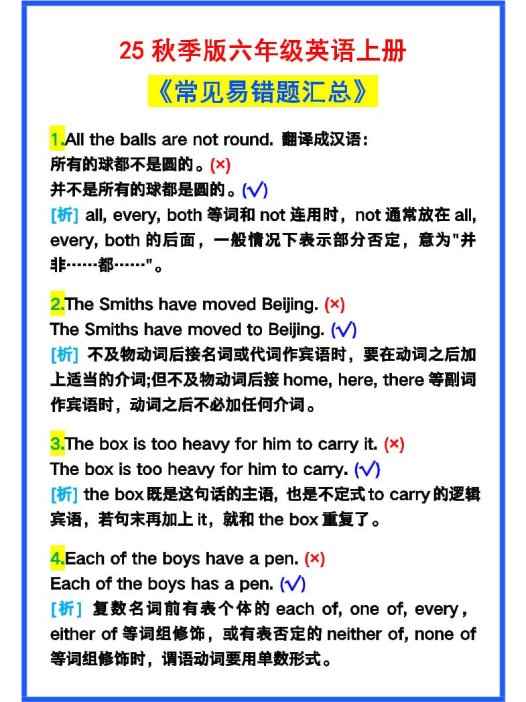 【2025秋新版】六年级英语上册《常见易错题汇总》！