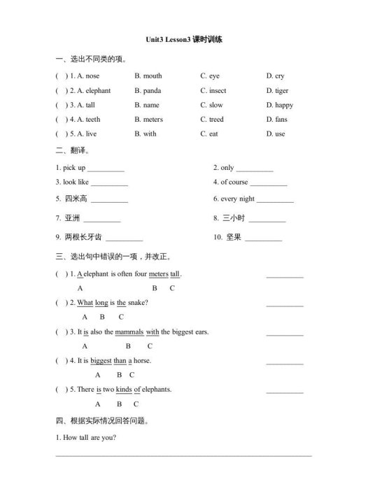 六年级英语上册Unit3_Lesson3课时训练(人教版一起点)