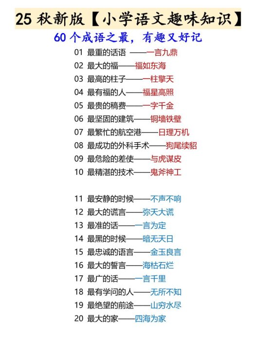 【2025秋新版】【小学语文趣味知识】60个成语之最，有趣又好记-六上语文
