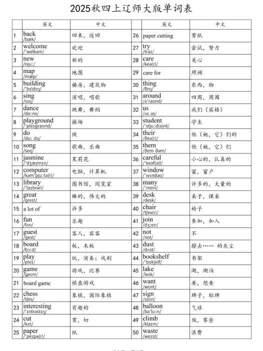 2025秋四上英语辽师大版单词表