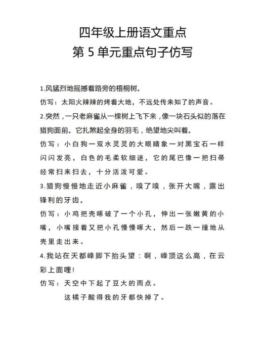四(上)语文重点第5单元重点句子仿写