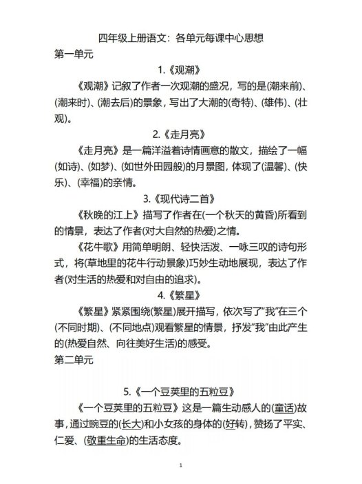 四(上)语文:期末各单元中心思想重点